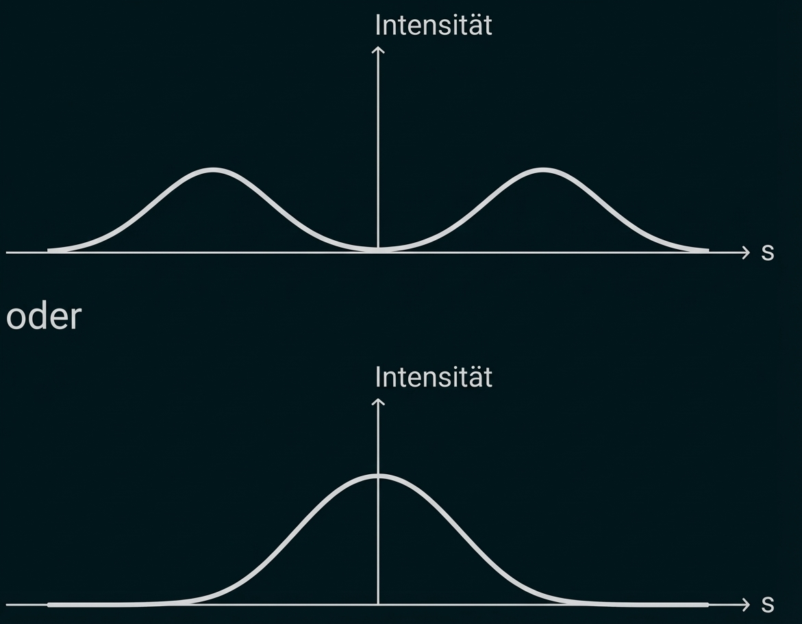 Zwei Diagramme: oben zwei getrennte Intensitätsgipfel auf der s‑Achse, unten ein einzelner zentraler Intensitätsgipfel.
